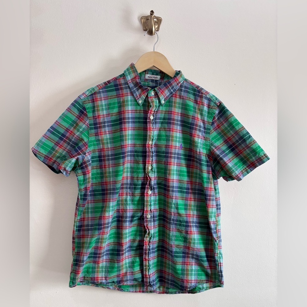 Ralph Lauren 100% Cotton Plaid Short-Sleeve‎ Button-Down Shirt Youth L